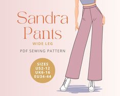 a woman wearing wide legged pants with the text, sandra pants wide leg sewing pattern