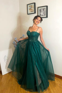 spaghetti straps dark green tulle corset A-line long formal dress prom dress with floral appliques #promdress#Prom2024#formaldress#partydress Corset Green Prom Dress, Corset Top Grad Dress, Dark Green Prom Dress Corset Top, Ballgown Prom Dress Corset, Green Corset Dress Prom, Dark Green Corset Prom Dress, Green A-line Prom Dress, Dark Colored Prom Dresses, Green Flowy Prom Dress