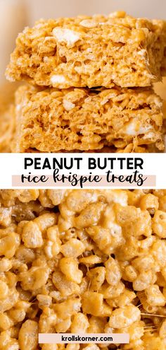 peanut butter rice krispy treats stacked on top of each other with text overlay