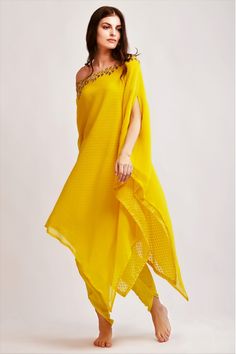 Enhance your style with this yellow color chiffon embroidered drop shoulder tunic with dhoti pants perfect for parties and mehendi functions. Outfits For Haldi Ceremony, Outfits For Haldi, Dhoti Salwar, Ceremony Outfit, Haldi Ceremony Outfit, Haldi Outfits, Function Dresses, Haldi Outfit