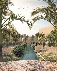 an artist's rendering of a palm tree - lined area with a river running through it