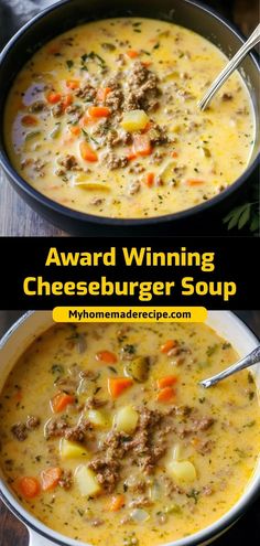 two bowls of cheeseburger soup with carrots and meat