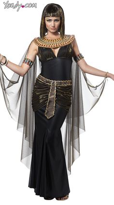 an egyptian woman dressed in black and gold, holding a staff with her arms outstretched