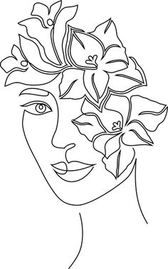 a line drawing of a woman's face with flowers in her hair and leaves on her head