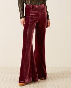 A person is embracing '70s style Plum Velvet, Velvet Pant, Style Pant, 70s Style, French Seam, Velvet Pants, Fall Favorites, Bell Bottom, 70s Fashion