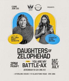 the poster for daughters of zelophhadd, which features two women holding microphones