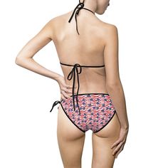 Dive into summer with our stylish American Flag AOP Women's Bikini Swimsuit. Perfect for the fashion-forward woman, this two-piece set flaunts a patriotic print that won't fade in water, thanks to advanced heat sublimation techniques. The material—a comfortable blend of 85% polyester and 15% spandex—provides the right amount of stretch for a great fit. Elastic straps, available in black, red, and blue, offer a personalized touch, while the full-bleed design option for the bottoms ensures complet 4th Of July Triangle Top Swimwear, 4th Of July Triangle Top Swimwear For Pool, 4th Of July Poolside Triangle Top Swimwear, Fitted Triangle Top Swimwear For 4th Of July, Summer Swimwear With Flag Print For Pool, Flag Print Swimwear For Pool And Beach Season, Patriotic Beach Bottoms With American Flag Print, American Flag Print Beach Bottoms For Summer, American Flag Print Bottoms For 4th Of July Beach