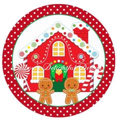 a red and white polka dot plate with gingerbreads on the front, an image of two gingerbread men standing in front of a candy house