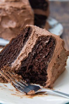 a piece of chocolate cake on a plate with a fork