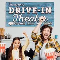 blue/grey rustic background with Drive-In Theater and personal name and "Popcorn Candy Cold Drinks Movie Theater Sign, Theater Sign, Theater Room Decor, Home Basement, Theater Decor, Theatre Sign, Movie Room Decor, Home Theater Decor, Drive In Theater