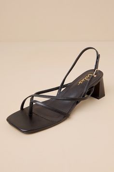 Subtly sultry and always chic, the Lulus Kerrie Black Strappy Low Heel Sandals will add a luxe touch to any ensemble! Smooth faux leather shapes these unforgettable heels that have a square footbed, a thong-style upper, and a network of slender straps throughout. A matching, adjustable slingback strap secures with a shiny gold buckle, all atop cute block heel. 2" wrapped block heel. Cushioned insole. Rubber sole has nonskid markings. Man made materials. Imported. Lulus | Kerrie Black Strappy Low Black Bridesmaid Shoes, Clubbing Shoes, Short Black Heels, Black Strap Heels, White Sandals Heels, Black Strappy Sandals, Black Strappy Heels, Low Heel Sandals, Bridesmaid Shoes