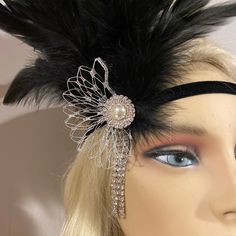 "Great Gatsby Headband Flapper Headband Headpiece 1920s Headband 1920s Flapper Roaring 20s Headband Black Silver Pearl Headbands are handmade, hand stitched, not held together with only glue so you don't have to worry about it falling apart. With proper storage they will last for many years. *store flat in bag or on a foam head* ~The feathers have been placed to achieve a flirty 3D effect, your choice of Grey or black velvet stretch band (pictured black). Vintage style pearl and rhinestone brooc Vintage Black Headpieces For Costume Party, Vintage Adjustable Headband For Parties, Adjustable Flapper Headband For Evening, Adjustable Gatsby Style Headband, Black Flapper Headpieces For Vintage Events, Adjustable Gatsby Headpiece For Costume Party, Adjustable Gatsby Style Headband For Party, Gatsby Style Adjustable Evening Headband, Adjustable Gatsby Style Headband For Evening