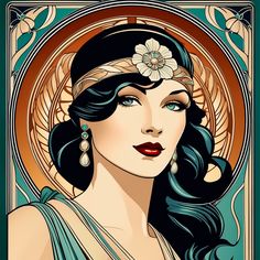 an art deco poster with a woman wearing a headband and flower in her hair