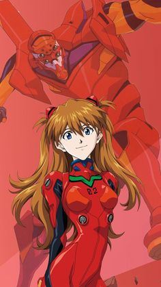 an anime character with long blonde hair and blue eyes standing in front of a red background