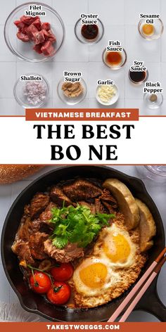 the best bo ne in vietnamese cuisine with text overlay that says vietnamese breakfast, the best bo ne