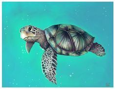 a painting of a sea turtle swimming in the ocean with bubbles on it's back