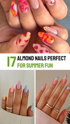 Matte Summer Nail Ideas, Cute Gel Nails Almond, Cute Nail Ideas For Summer Almond Shape, August Nails Almond, August Nails Ideas Almond, Fun Almond Nails Art Designs, Vacation Almond Nails, Fun Almond Nails, Summer Nails Almond Shape