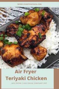 air fryer teriyaki chicken with white rice and green onions on the side