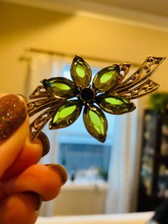 "Grandma's Vintage MONET Apple Green Gold Tone Flower Daisy Rhinestone Brooch Marked, very weakly magnetic 2.75\" x 1.5\" Pretty bling, perfect to add interest for that Zoom meeting! Vintage means pre-loved! Examine photos carefully for imperfections. No observed chips, breaks, bends or cracks NOTE: USPS Priority Mail shipping includes $50 insurance for item. If item arrives damaged from USPS handling, purchase price can be refunded minus half of S&H costs. Inspect pictures carefully and feel fr Green Jeweled Brooches As Gift, Green Jeweled Brooch For Gift, Grandma Vintage, Zoom Meeting, Flower Daisy, Wedding Brooch, Vintage Monet, Apple Green, Rhinestone Brooches