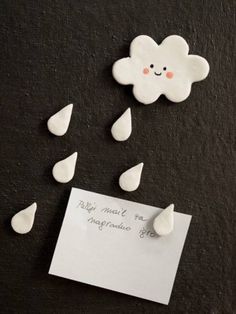 there is a cloud with rain drops coming out of it and a note attached to the wall