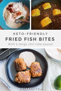 two pictures showing different types of fried fish bites in a skillet and on a plate