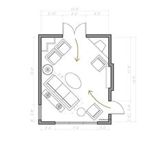 the floor plan for a bedroom with a bed, couch and desk in one room