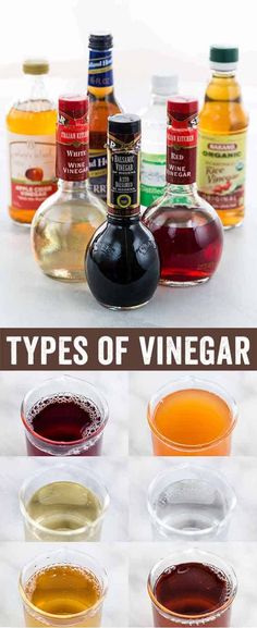 several different types of vinegar in small bowls