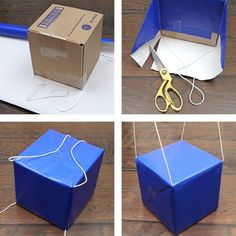 four different views of an open box with scissors and string attached to the inside, on top of a wooden floor