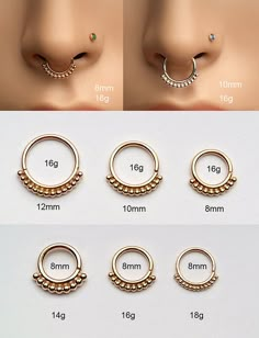 four different types of nose rings and piercings with measurements for each individual item in the image