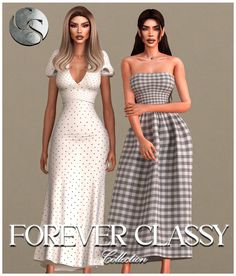 two women in dresses standing next to each other with the words forever classy on them