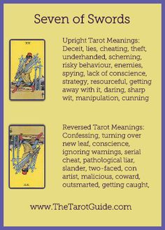 the tarot guide for seven of swords, with instructions on how to use it