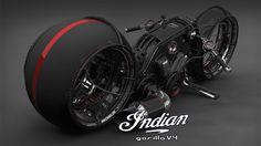 the motorcycle is black with red stripes on it's rims and wheels, as well as an additional tire