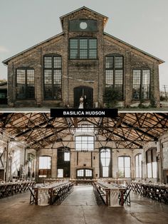 the inside and outside of a building with tables set up in front of it for an event