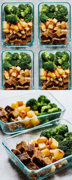 four glass casserole dishes filled with meat, broccoli and other vegetables