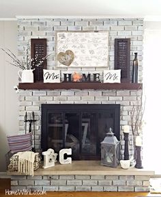 a living room with a brick fireplace and shelves on the mantle, along with decorative items