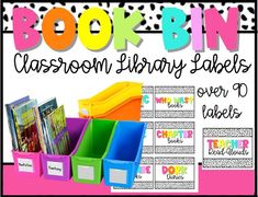 classroom library labels for children's books and crafts with the words book bins