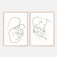 two black and white drawings of mother breasting her baby