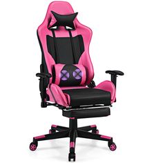 a pink and black gaming chair with eyes on it