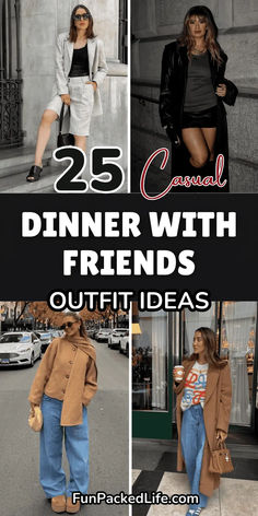 A collage featuring 25 casual dinner outfit ideas for women, including chic blazers, cozy coats, and stylish combinations for a night out with friends. Perfect mix of elegant and laid-back styles for dining occasions.