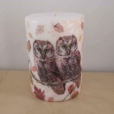 two owls are sitting on the branch of a tree in front of a lit candle