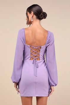 Delightful Love Lavender Lace-Up Balloon Sleeve Mini Dress Spring Graduation Dress, School Dance Dresses, Up Balloons, Lavender Dresses, Dresses Backless, Darling Dress, Body Con Skirt, Sheer Sleeves, Mini Dress With Sleeves