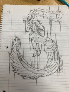 a pencil drawing of a dragon in the woods