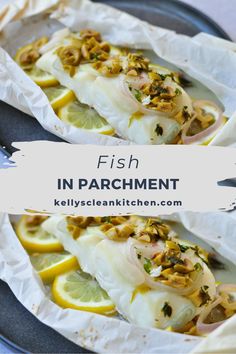 fish in parchment paper with lemons and nuts