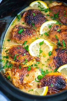 chicken with lemons and parsley in a slow cooker