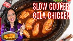 a woman holding a plate with food in it and the words slow cooker cola chicken