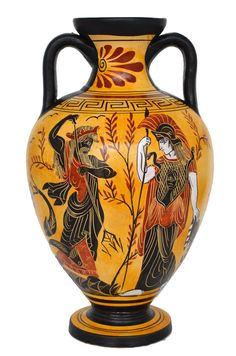 an old vase with two people on it