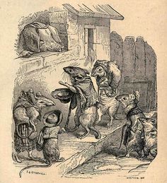 an old drawing of mice and mice on the steps in front of a man with a hat