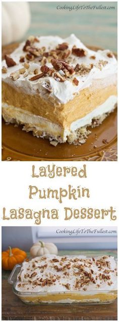 layered pumpkin lasagna dessert with whipped cream and toasted pecans on top