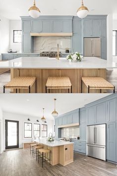 this kitchen has blue cabinets and wooden counters with stools on the island, and an island in the middle