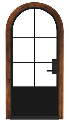 an open wooden door with black glass and wood frame, isolated on a white background